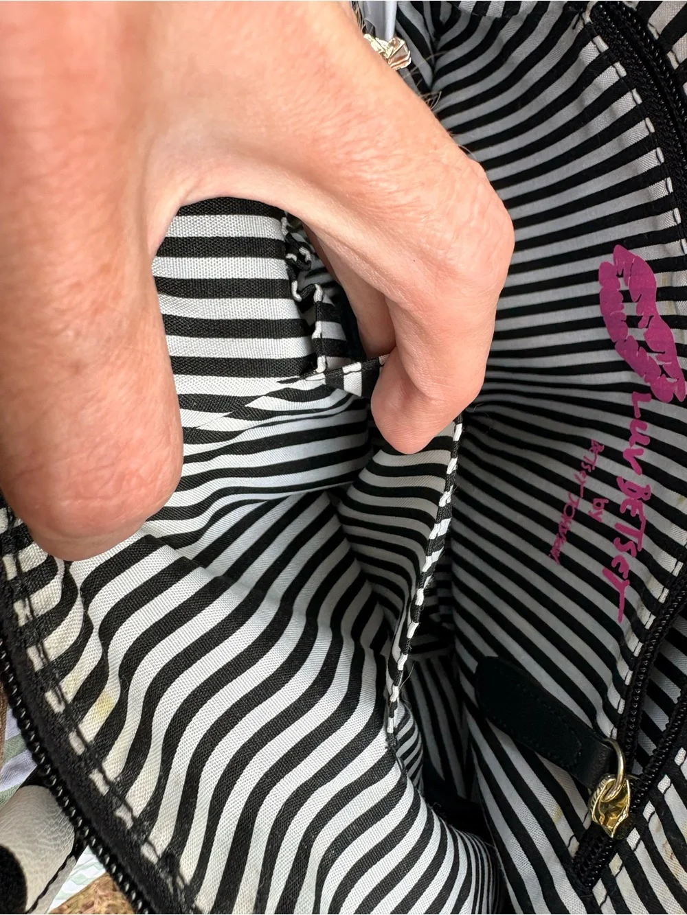 Luv Betsey Johnson Black Velvet Tote with Striped Handles and Hot Pink Pom Charm